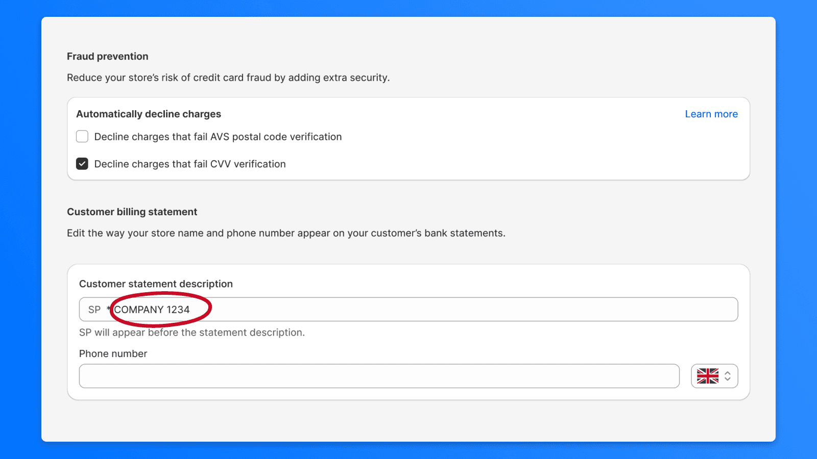 Ukázka nastavení v Shopify Payments