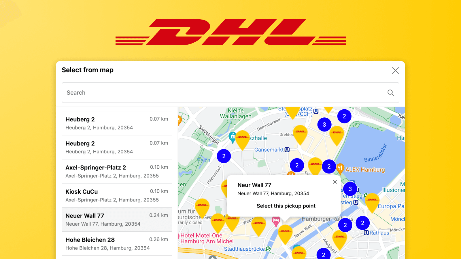 Mapa výdejních míst pro DHL