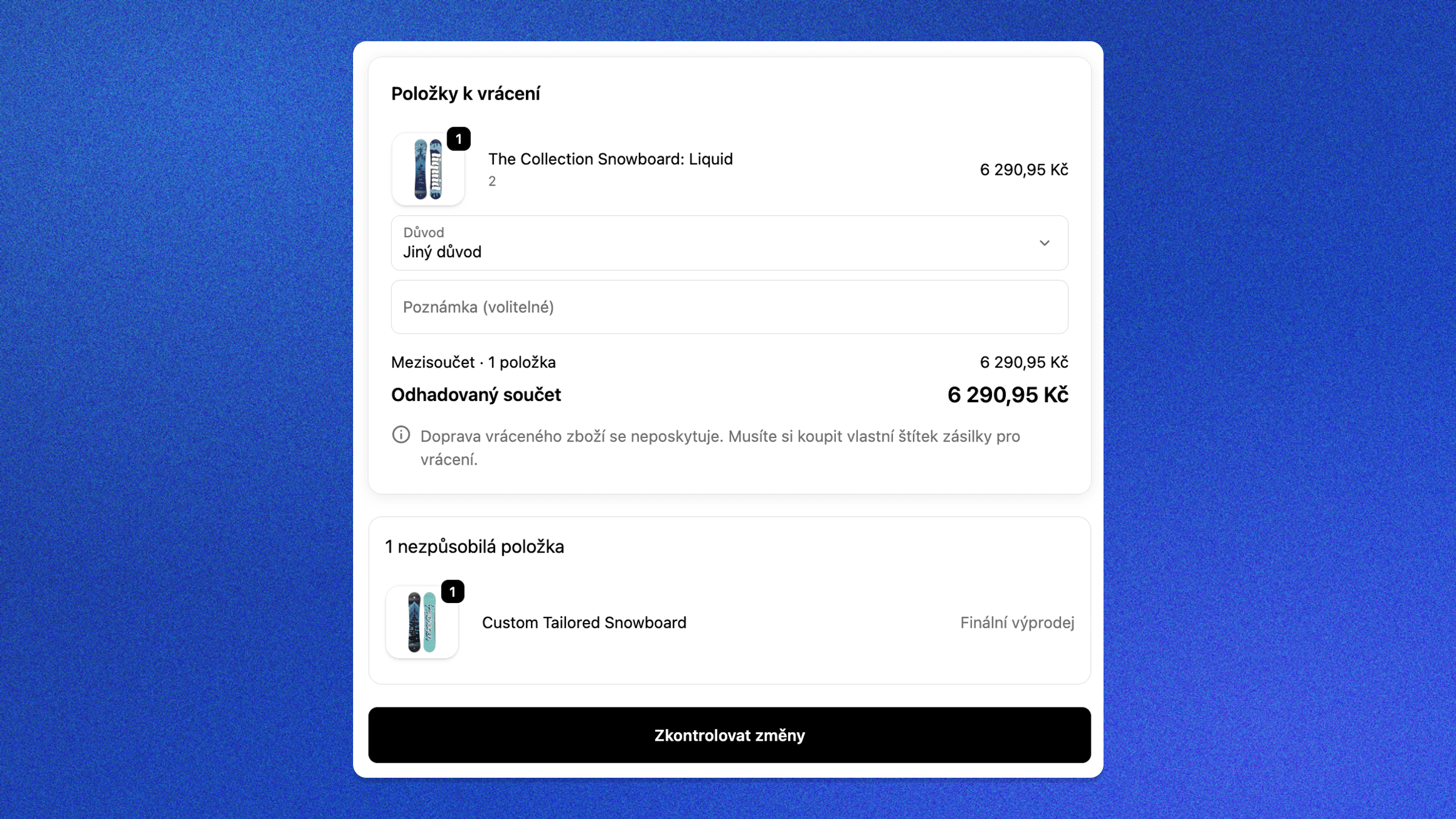 Zákaznický pohled – stránka „Položky k vrácení" v Shopify: položka k vrácení, důvod a odhadovaný součet; produkt na míru je označen jako „Finální výprodej" a nelze ho vrátit