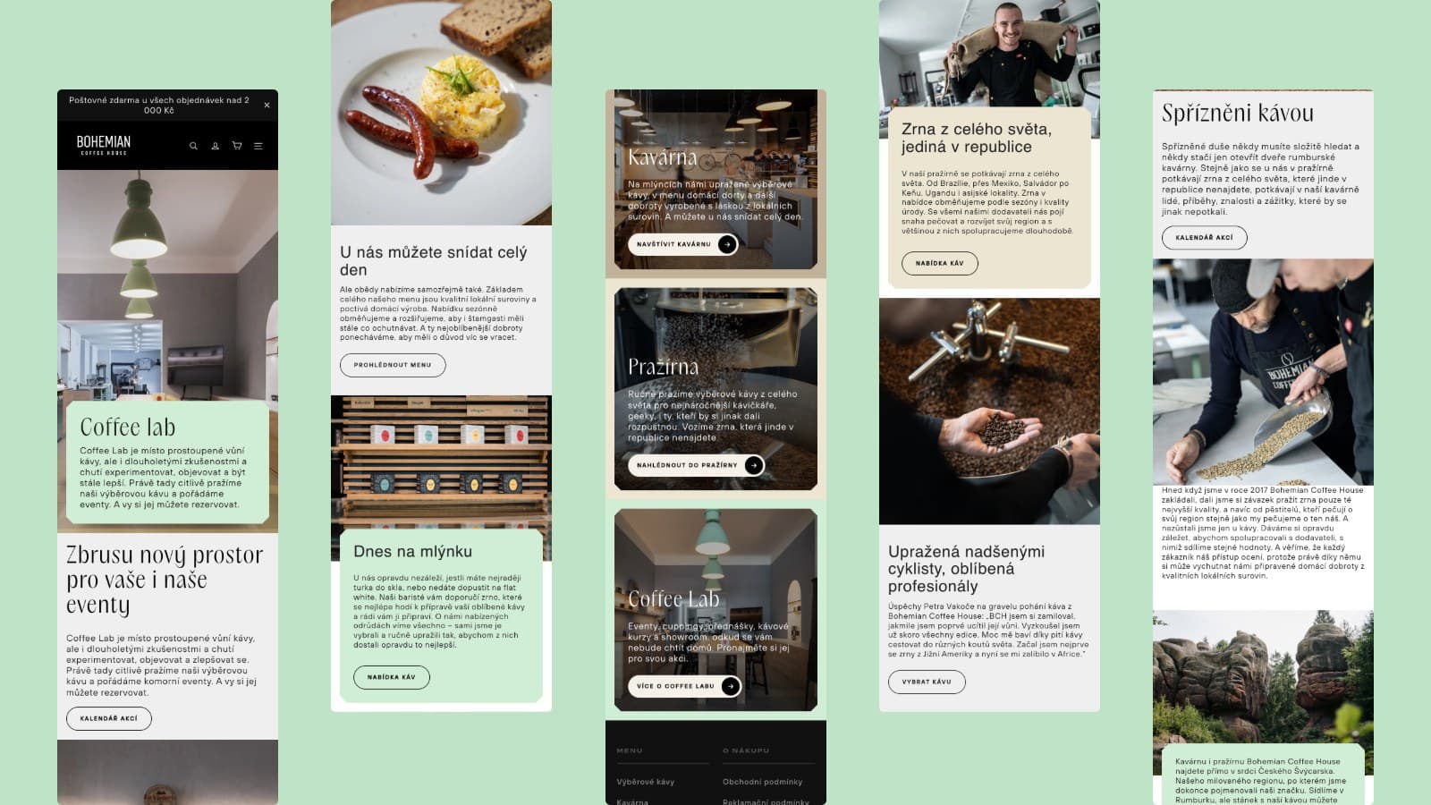 Pět stránek Bohemian Coffee House na telefonu: Coffee Lab, kavárna se snídaněmi, homepage, pražírna a O nás