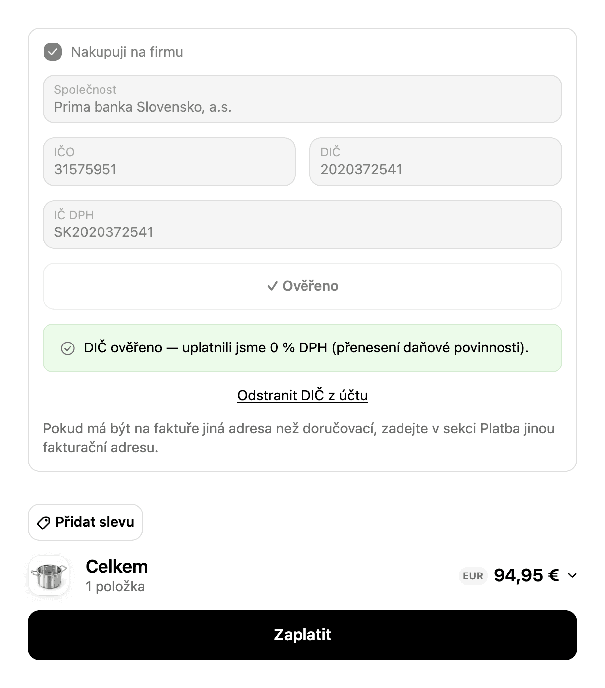 Ověřené IČ DPH s hláškou o uplatnění 0 % DPH a celkovou cenou 94,95 €