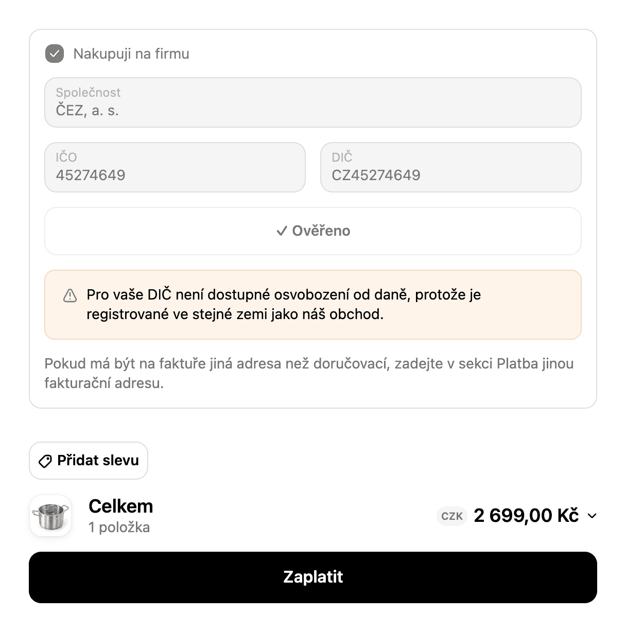 Ověřené české DIČ s upozorněním, že osvobození od daně není dostupné
