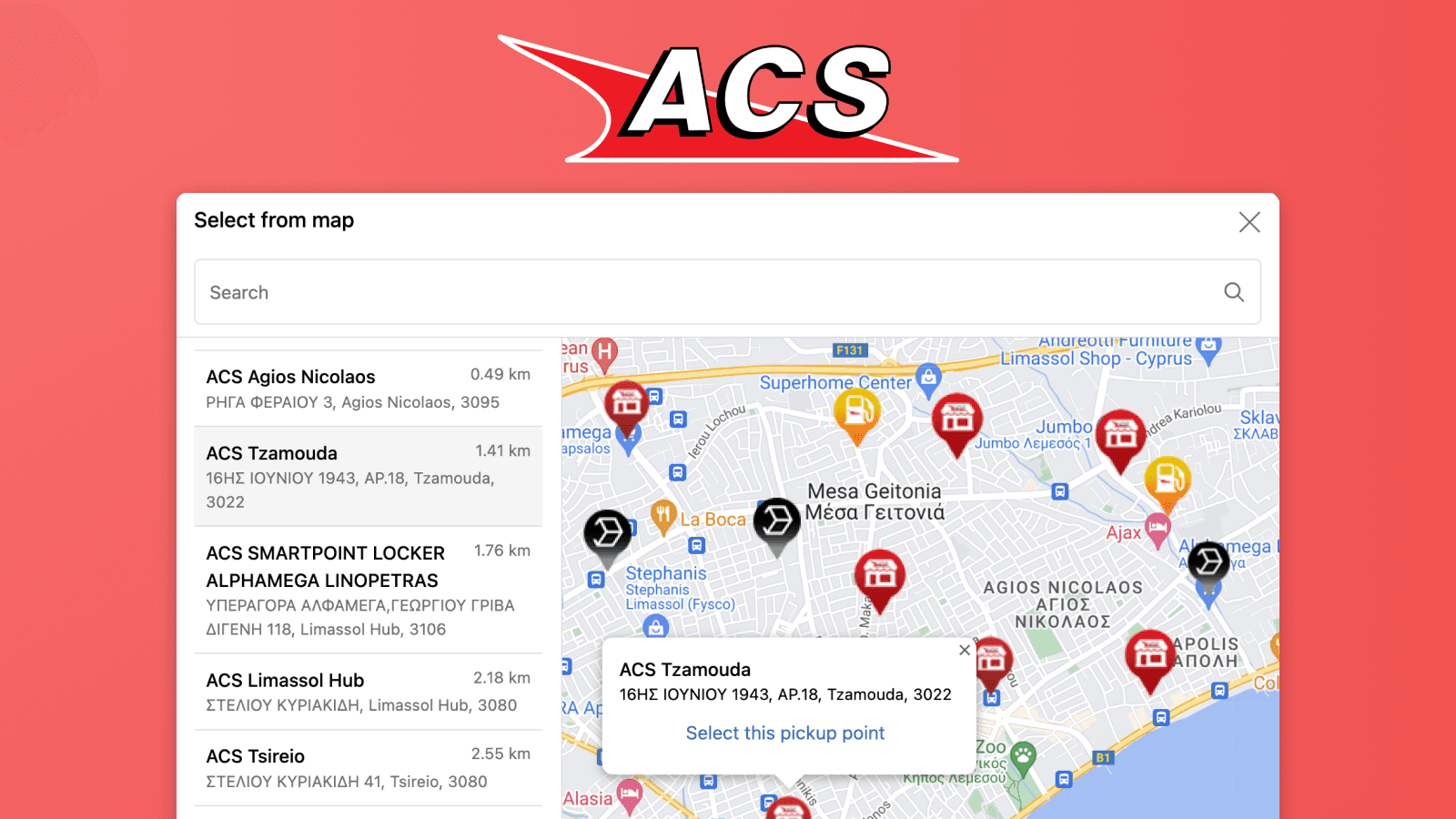 Mapa výdejních míst ACS v Shopify