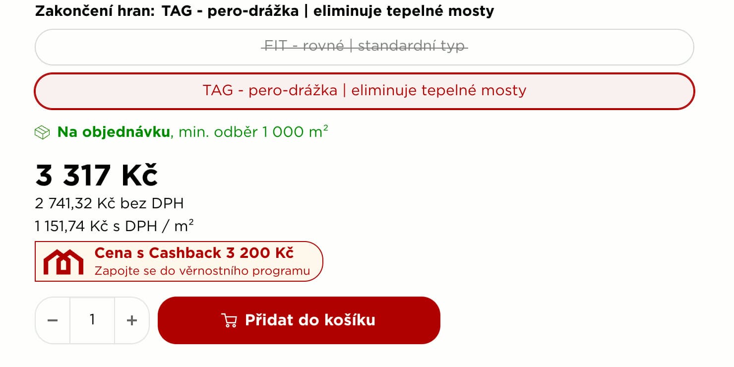 Produktová stránka na jmbonline.cz pro nepřihlášeného zákazníka: cena 3 317 Kč a cena s cashbackem 3 200 Kč s výzvou zapojit se do programu