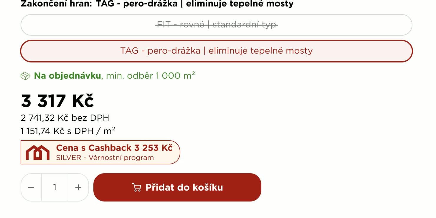 Stejná produktová stránka pro přihlášeného zákazníka s úrovní SILVER: cena s cashbackem 3 253 Kč přesně pro jeho úroveň