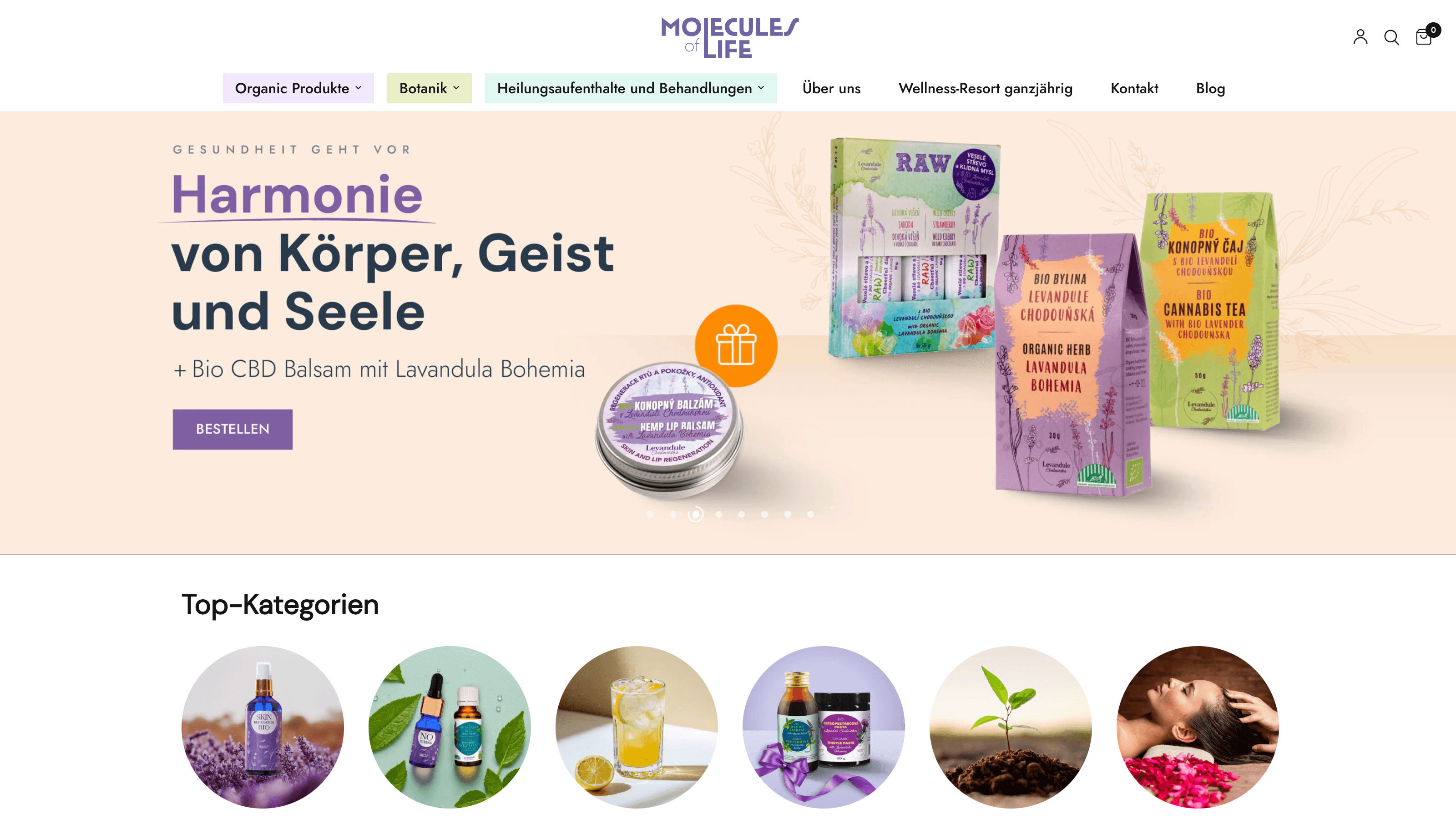 Molecules of Life úprava šablony s designem homepage představujícím levandulové produkty a německou lokalizaci