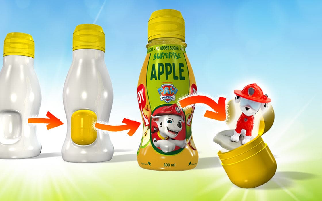 Lahev Surprise Drinks s Tlapkovou patrolou: žlutá kapsle uvnitř lahve a hračka Marshalla, která z ní vyskočí