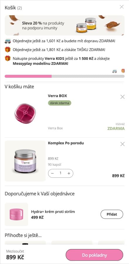 Košík Verry s bannerem kampaně, dárkem Verra BOX zdarma a nabídkou krému Hydra+