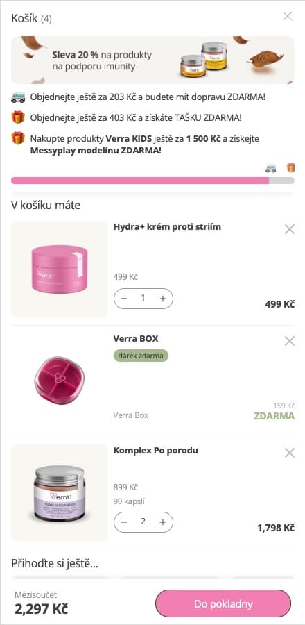 Košík Verry: do dopravy zdarma zbývá 203 Kč a do tašky zdarma 403 Kč