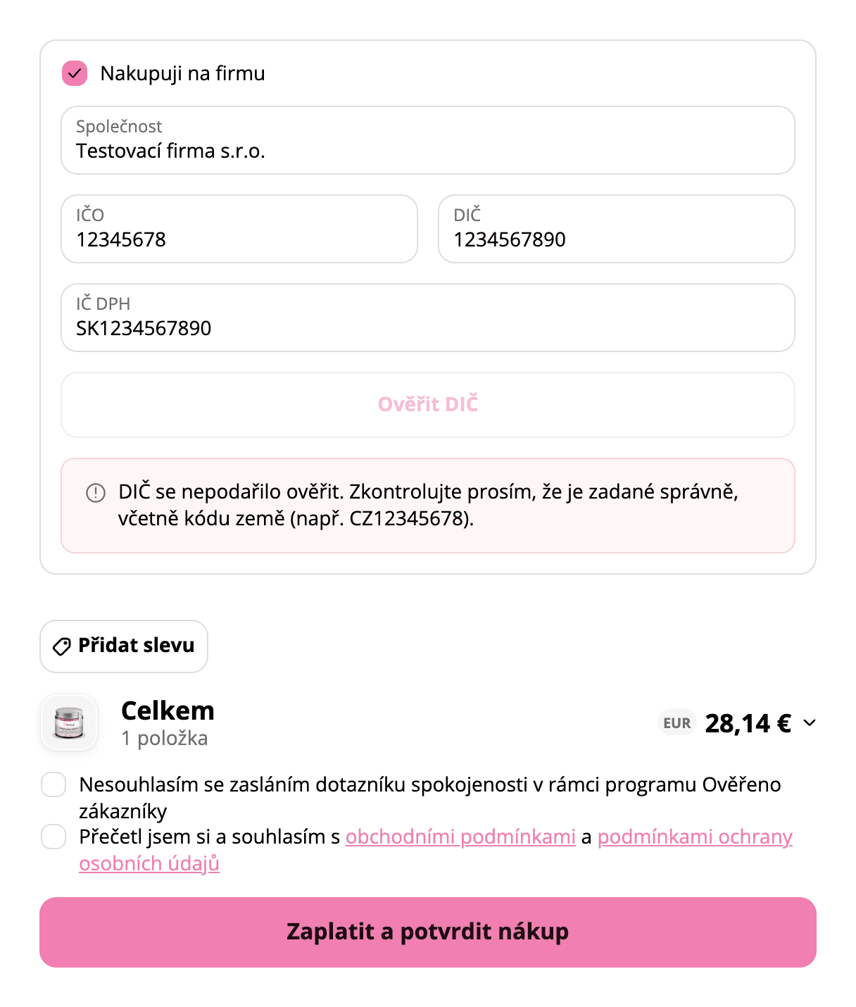 Blok Nakupuji na firmu v pokladně Very s hláškou DIČ se nepodařilo ověřit